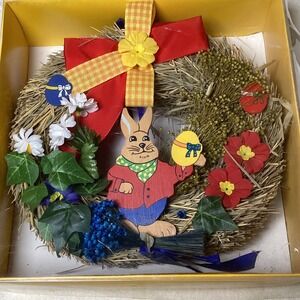 Vintage Fruhlings Wandkranz Straw Wreath – Easter Bunny/Egg Floral Accents – NIB